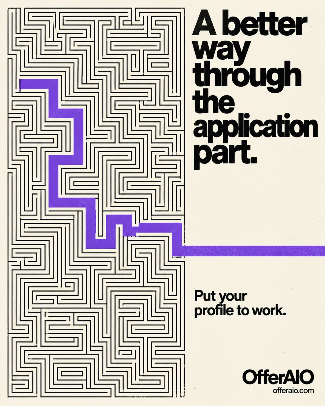 An original OfferAIO maze print shows a violet path through the search.
