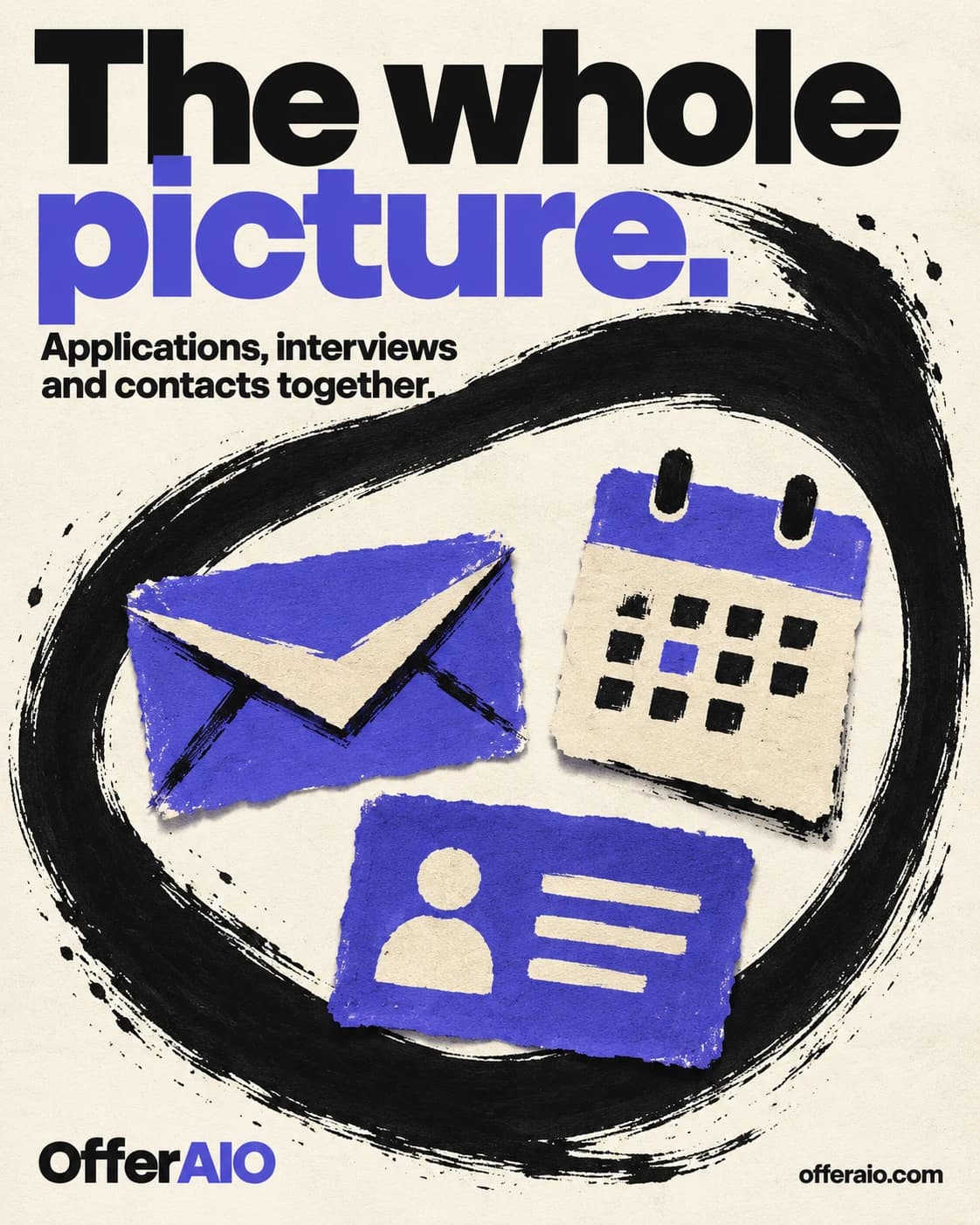 OfferAIO’s The whole picture artwork: applications, interviews and contacts together, illustrated with a paper plane, calendar and contact card.